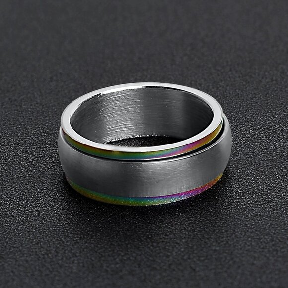 Stainless Steel Rainbow Edge Spinner Ring | Size 7 | Fidget Anxiety Relief Ring - Picture 4 of 4